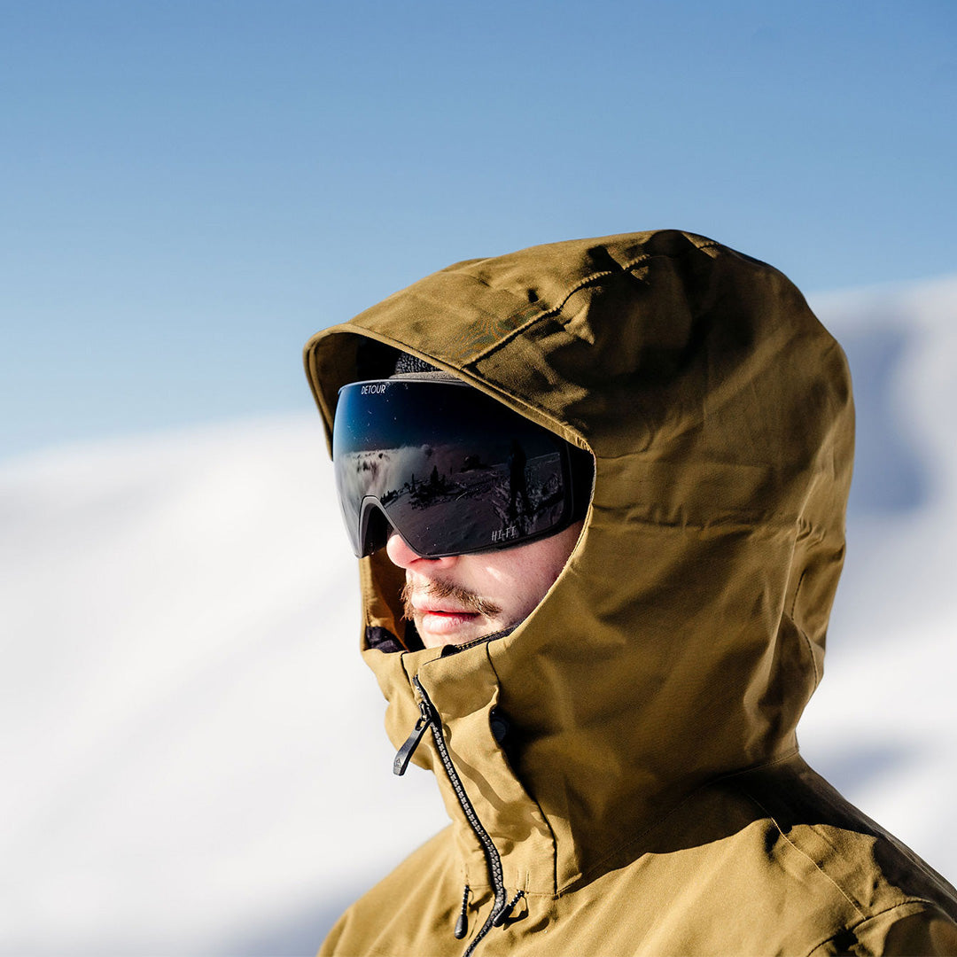 Person wearing ski goggles and a patterned winter hat.