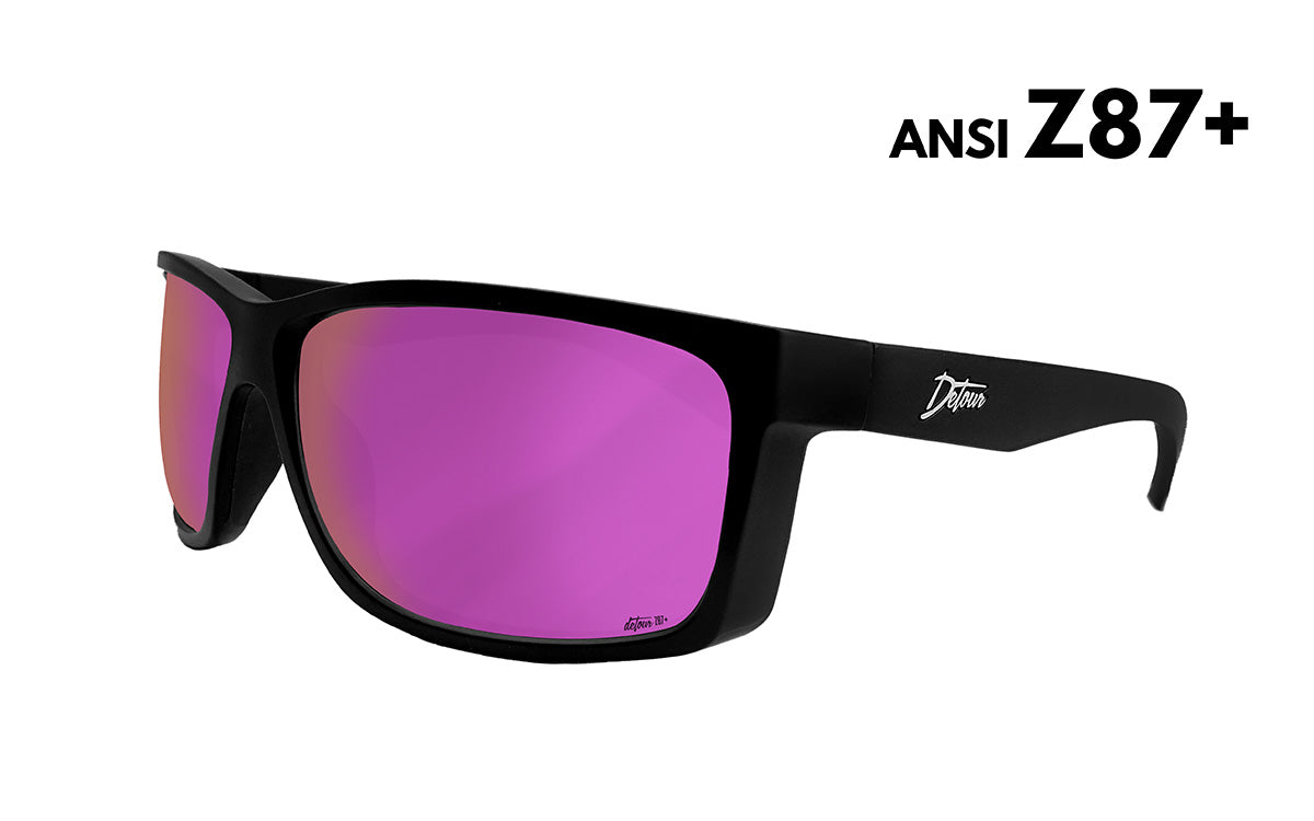 Black-framed sunglasses with vibrant purple reflective lenses.