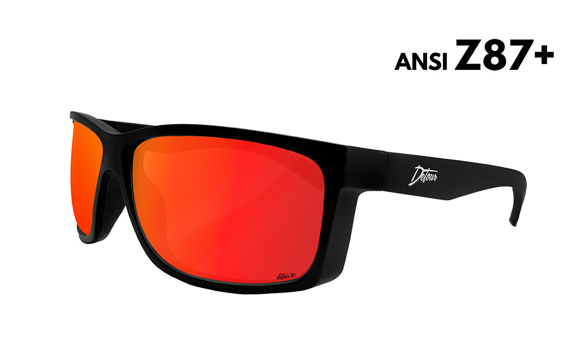 Black sunglasses with reflective red-orange lenses.
