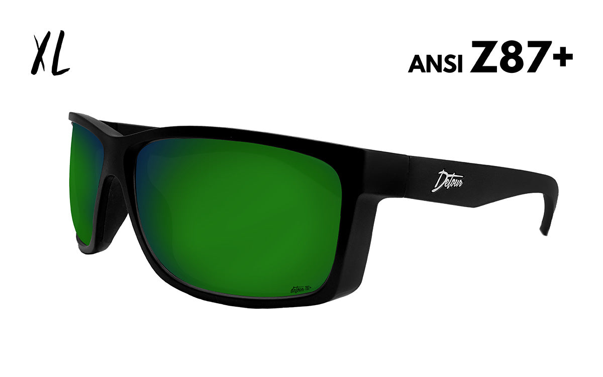 Black sunglasses with green mirrored lenses.
