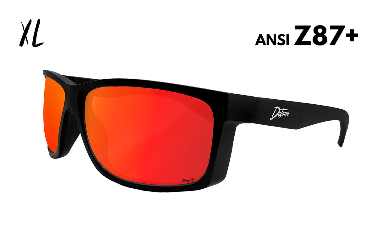 Black sunglasses with bright red-orange reflective lenses.